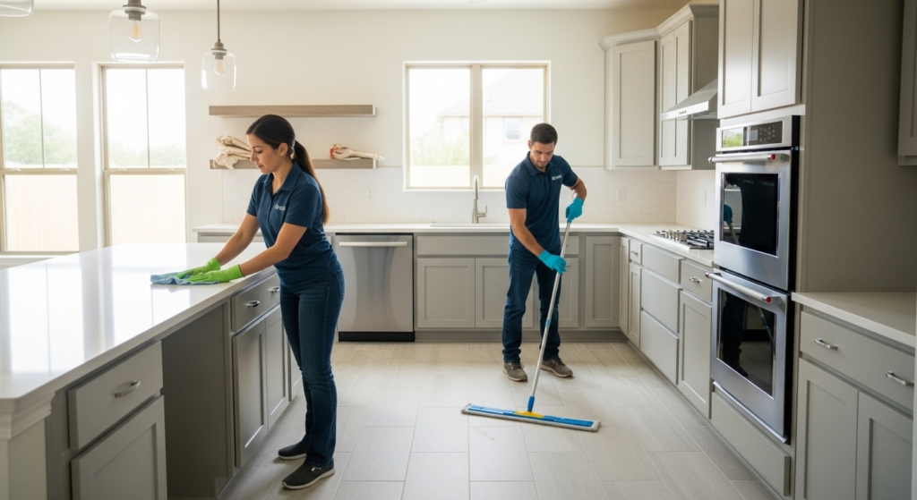 How Post-Construction Cleaning Works: A Complete Overview 2 how post-construction cleaning works — Prime Janitorial Solutions crew doing detail clean in new kitchen Austin TX