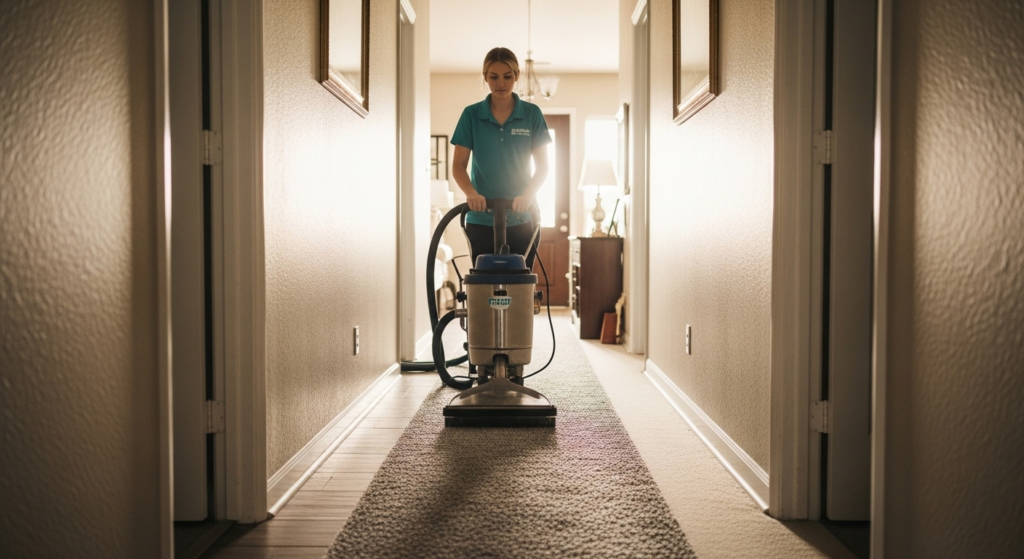 Professional Carpet Cleaning: How Often and Why It Matters 1 Professional carpet cleaning near me Texas — technician operating hot water extraction machine in residential hallway
