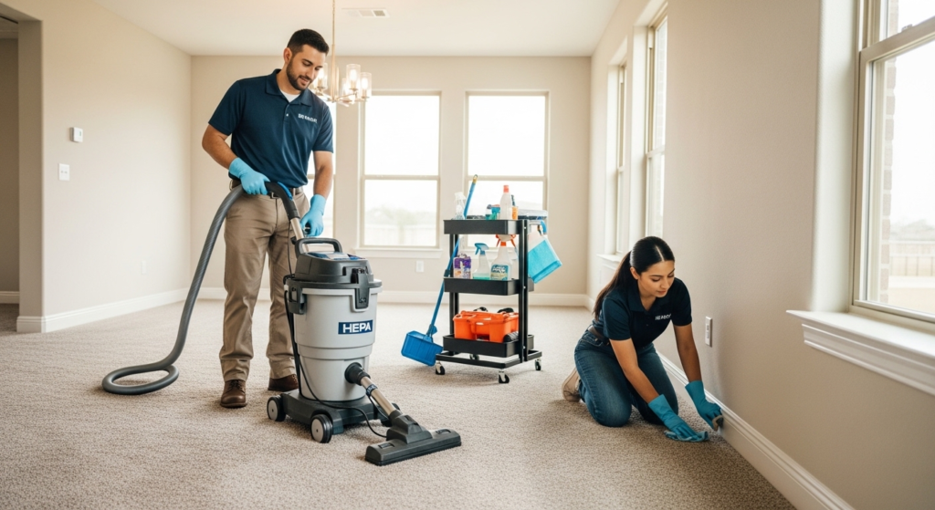 Post-Construction Cleaning Checklist for New Homeowners 3 post-construction cleaning checklist — Prime Janitorial Solutions team cleaning new home in Manor Texas